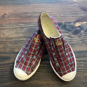 Lauren slip on sneakers red plaid   Size 8.